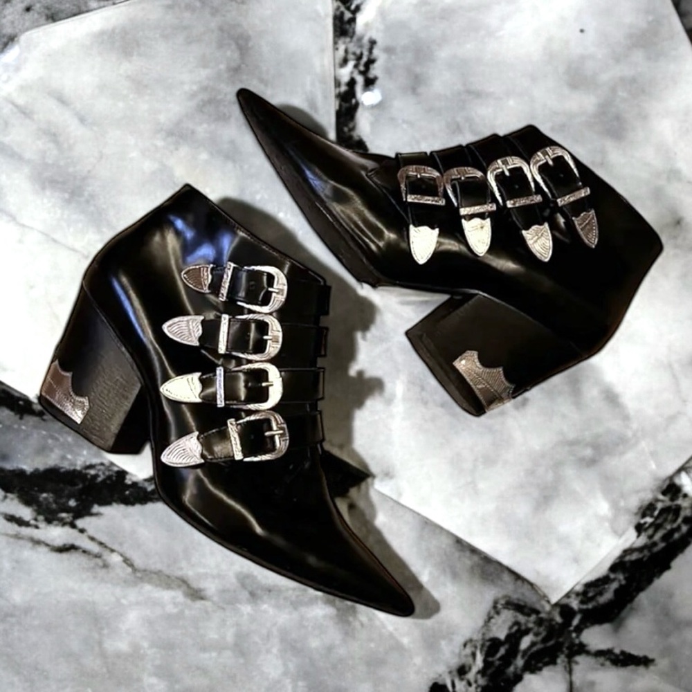 TOGA Pulla Four Buckle Black Leather Ankle Booties